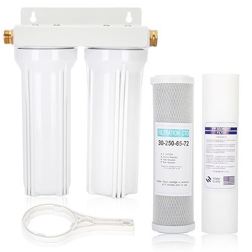 Sistema de filtro de agua dual externo RV incluye soporte de montaje y dos filtros, dos accesorios de latón GHT de 34 pulgadas para caravanas,
