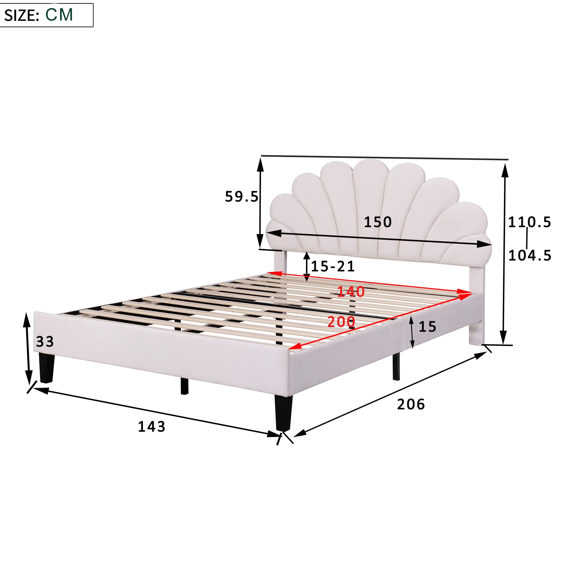 Letto matrimoniale imbottito 140 x 200 cm, telaio con testiera a forma di fiore e rete a doghe, letto per adulti e ragazzi in tessuto di velluto delicato sulla pelle, letto per ospiti beige