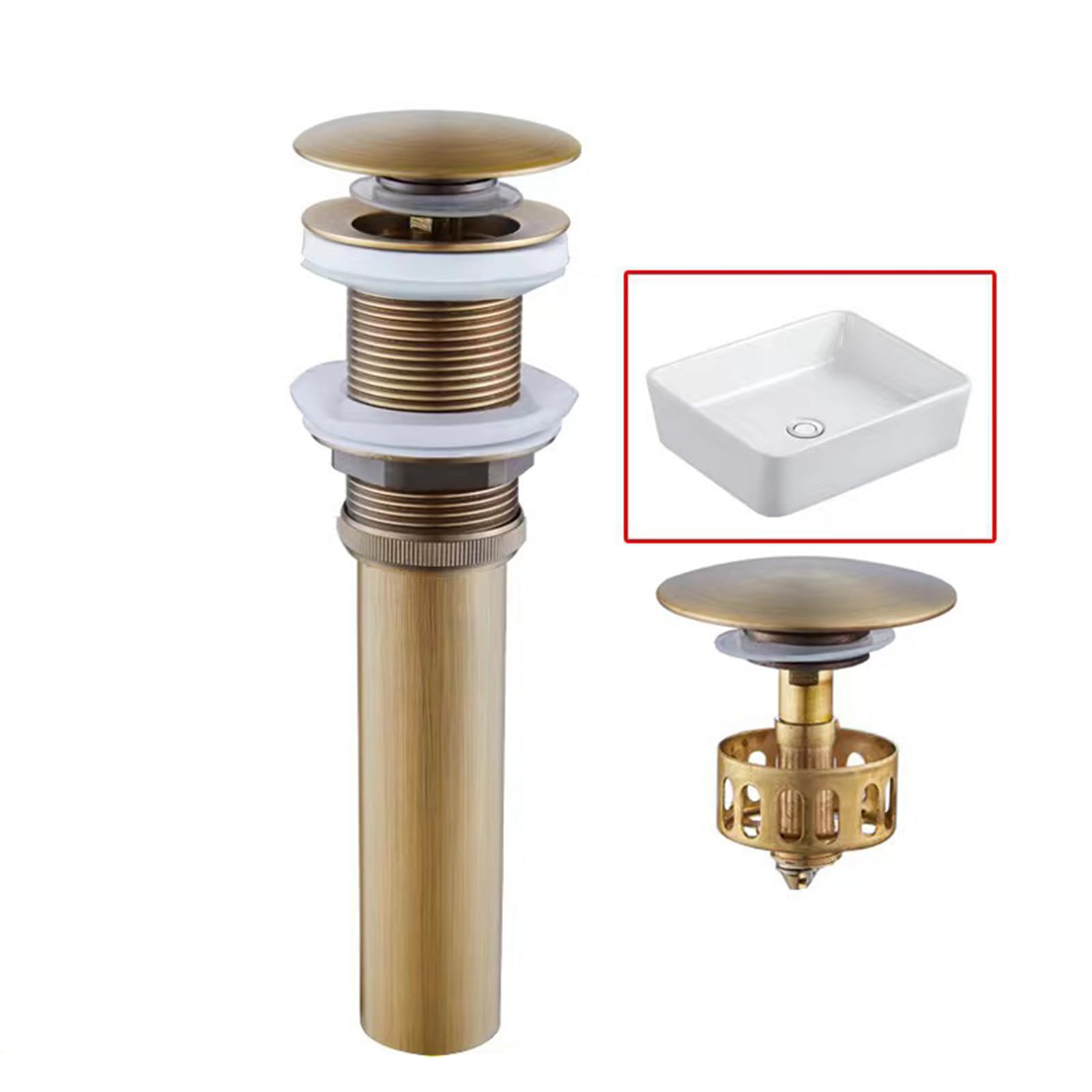 Tubo di scarico per lavello pop-up Tappo di scarico in ottone per Lavabo, vasca e lavandino, Multicolore(Antique)
