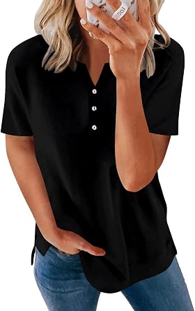 BeadChica Womens Casual Tunic Tops Short Sleeve V Neck Shirts Botton Up Loose Fitting Henley Blouses