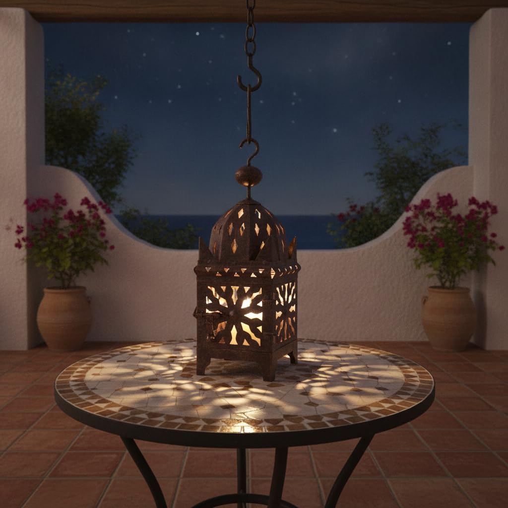 Farol Oriental de Hierro Forjado Hecho a Mano en Marruecos, Portavelas Árabe, 27 cm (Pack de 2 Unidades)
