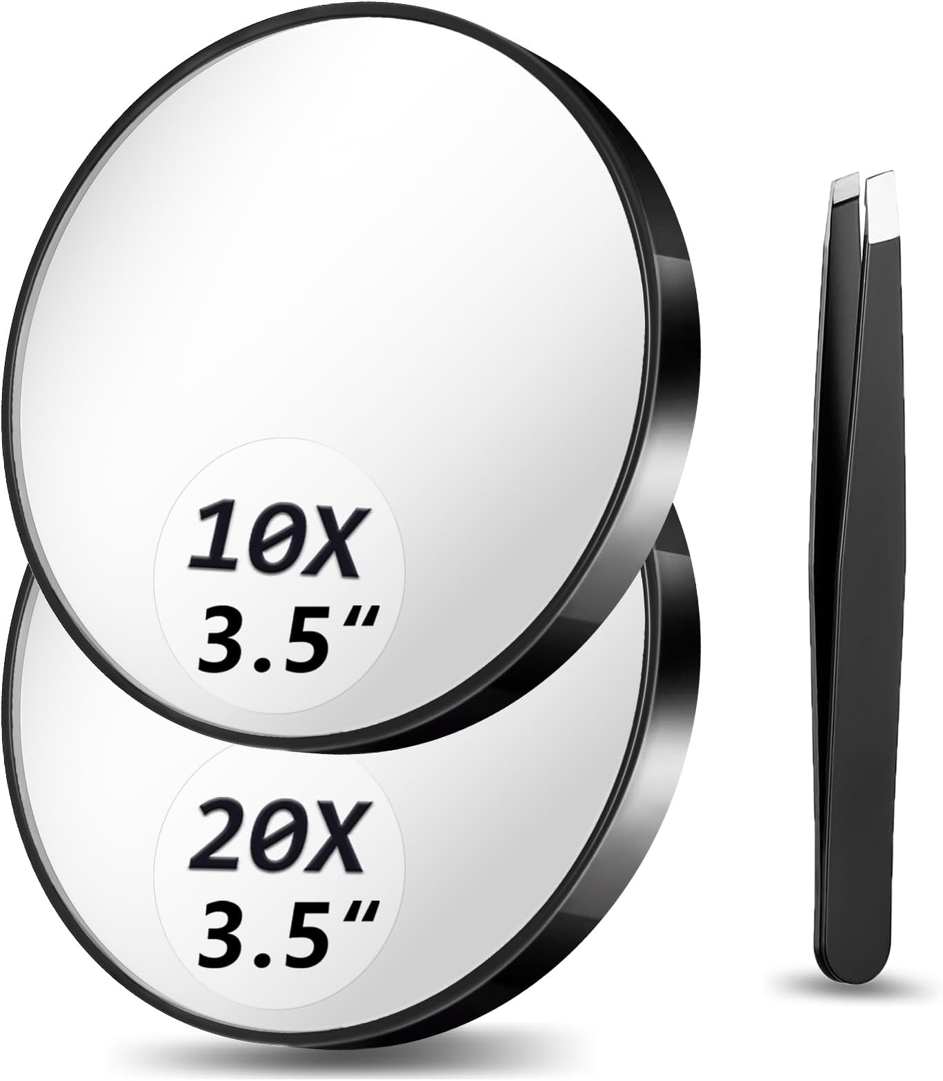 Magnifying Mirror 10X&20X Set, Magnified Mirrors 3.5" with Two Suction Cups and Tweezers, Travel Magnifyied Mirror Set Comes with Storage Bag, Compact Small Magnifying Mirrors for Travel(Black)
