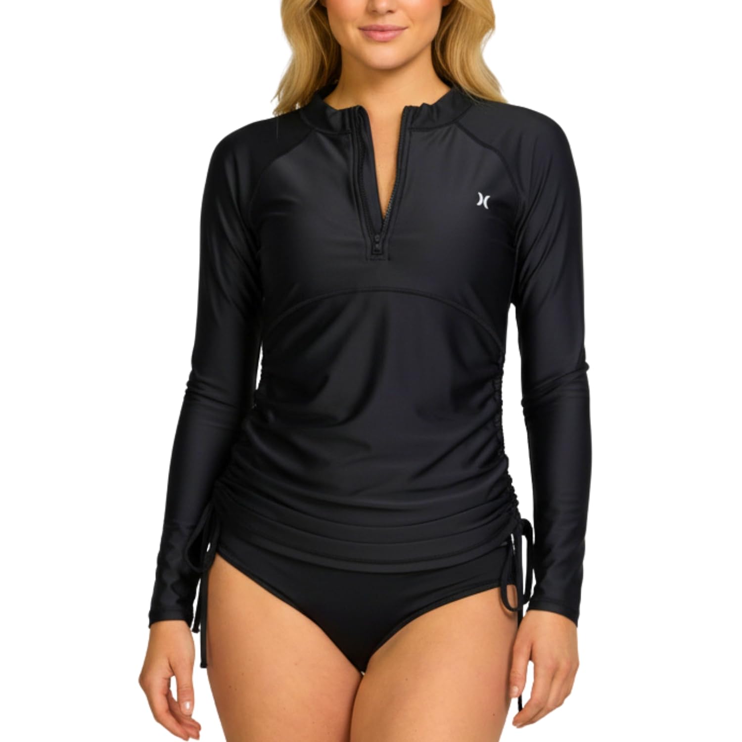hurley rash guard for women - quarter zip spf 50+ long sleeve sun shirt, upf uv sun protection quick dry swim shirt top black