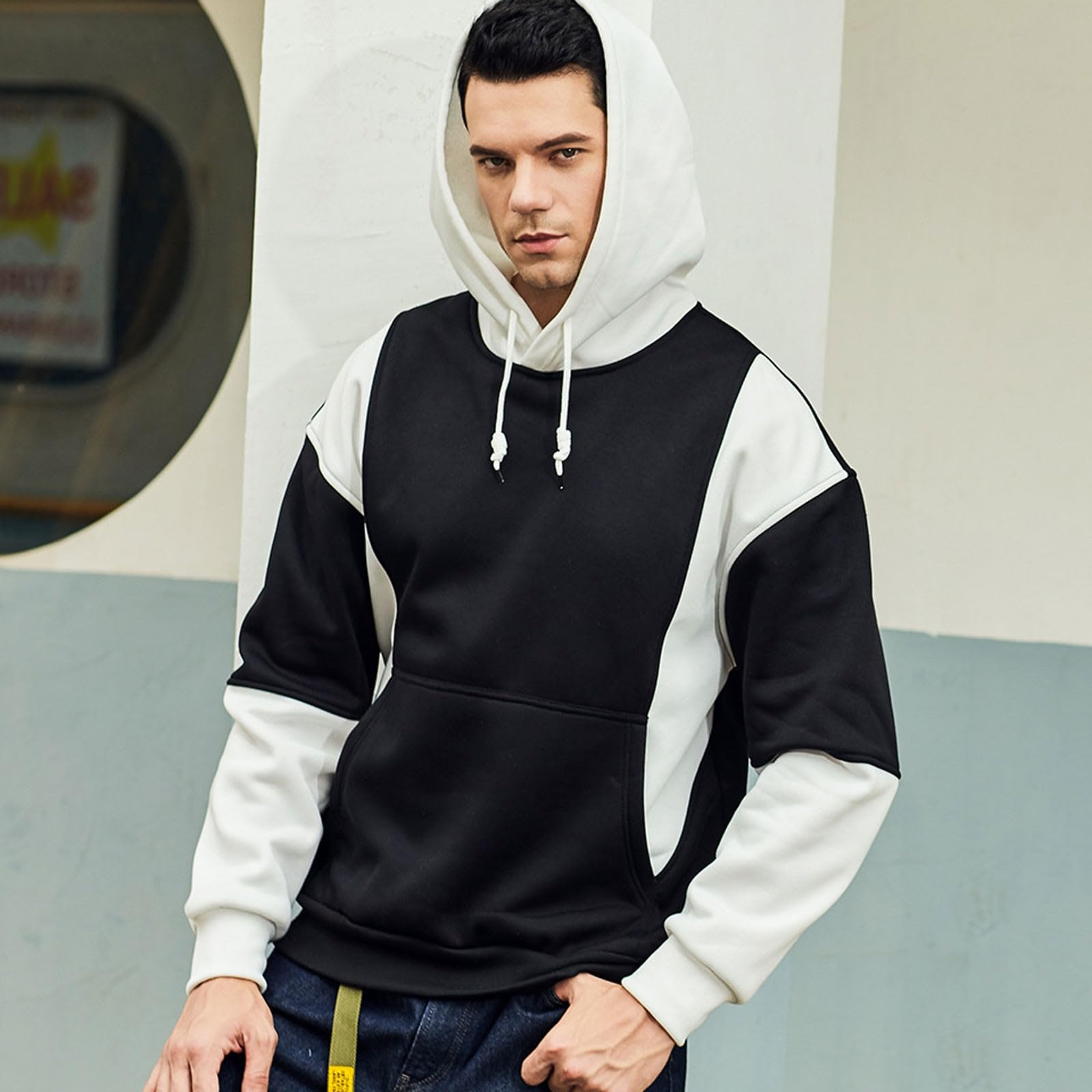 Moda męska bluza z kapturem sweter polarowy dla bezpieczeństwa na co dzień blok kolorów bluza z kapturem z długim rękawem topy z kapturem, Biały+czarny, L