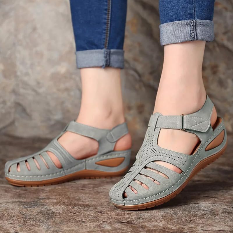 Sandalias ortopédicas retro en cuero legítimo de alta calidad con puntera cerrada para mujer 5