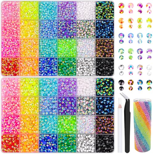2 Boxes 4mm+5mm Jelly Rhinestones for Bedazzling, 15000Pcs Multicolor Flatback Resin Gems for Crafting, Bedazzler Kit with Tweezer for DIY Crafts Book Fabric Decor Nail Art