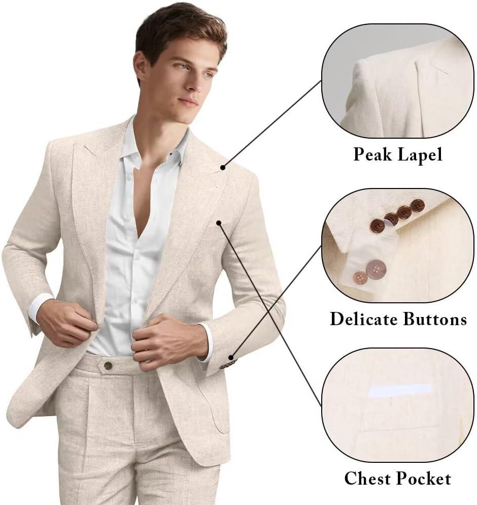 Linen Suit for Men 2 Pieces Summer Casual Suits Slim Fit Groomsmen Tuxedos Beach Wedding Party Blazer Pants Set
