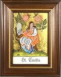Hinterglaswerkstätten - Hinterglasbild/Patronatsbild Hl. Cäcilia mit braun gebeizten Holzrahmen, handbemalt mit Legende des Heiligen auf der Bildrückseite, ca. B: 12,5 x H: 16 cm