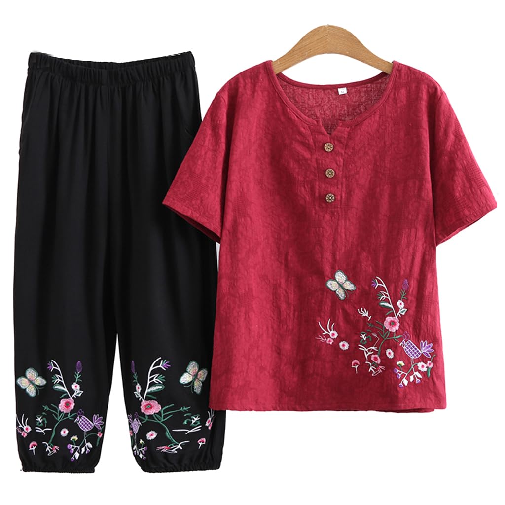 Mujeres Tang Suit Hanfu Ropa Tradicional China, Ancianos Tai Chi Uniformes para Mujeres Arte marcial Kung Fu Bording Borded Camiseta de Manga Corta y Pantalones Red-XL