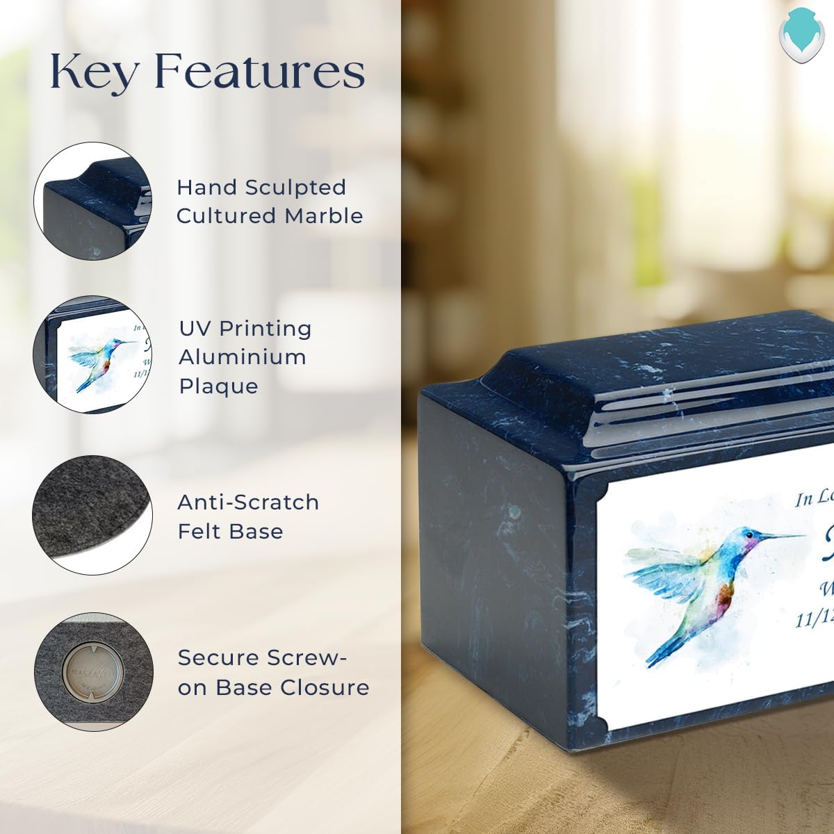 GetUrns Cultured Marble Urn Vault by Mackenzie with Personalized Hummingbird and Text for Human Ashes I Navy Adult Urns for Male and Female I 210lbs