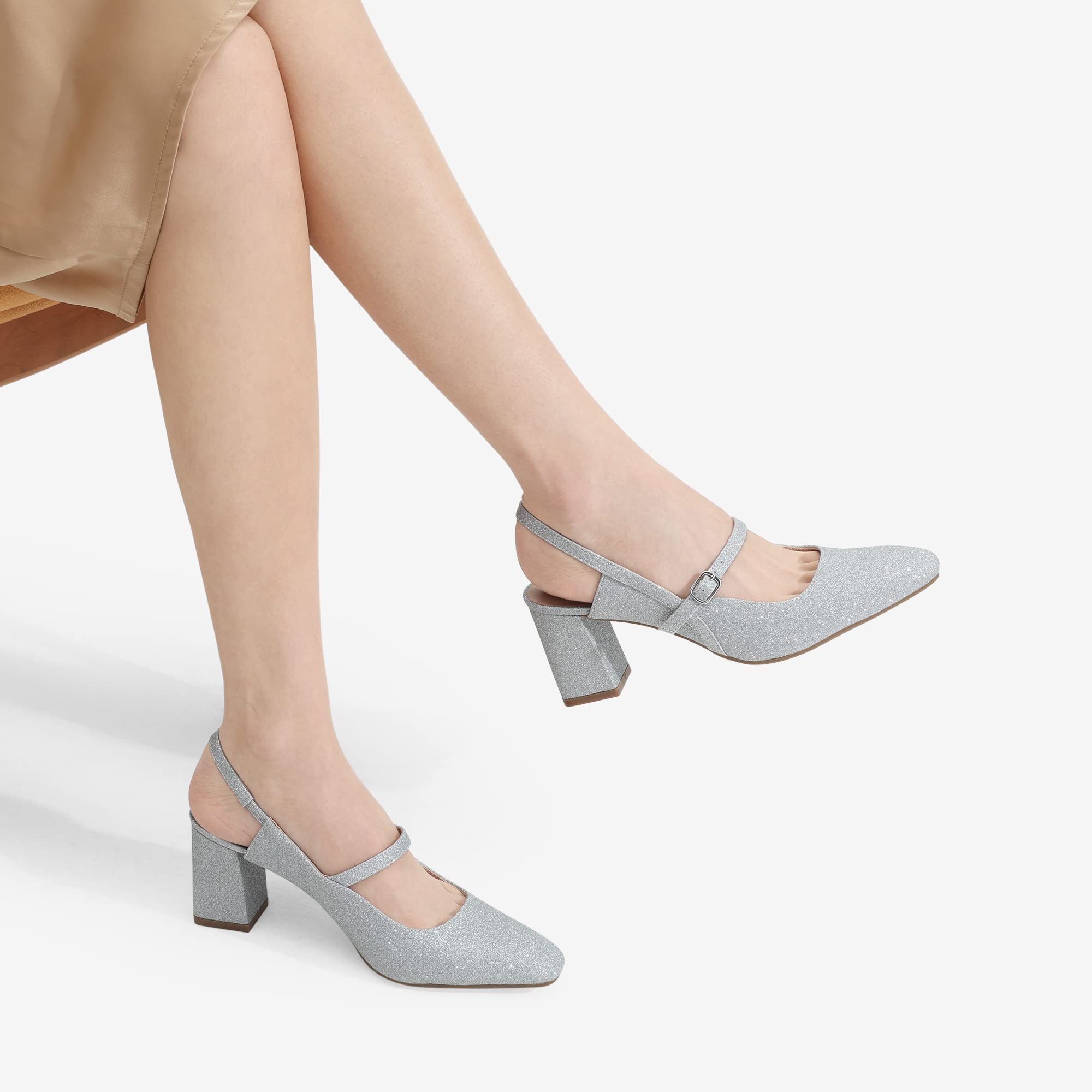 DREAM PAIRS Damskie zamknięte palce grube wysokie obcasy Mary Jane Block Square Toe Slingback Strappy Dress Work Pumps Shoes, Srebrny-brokat, 39 EU