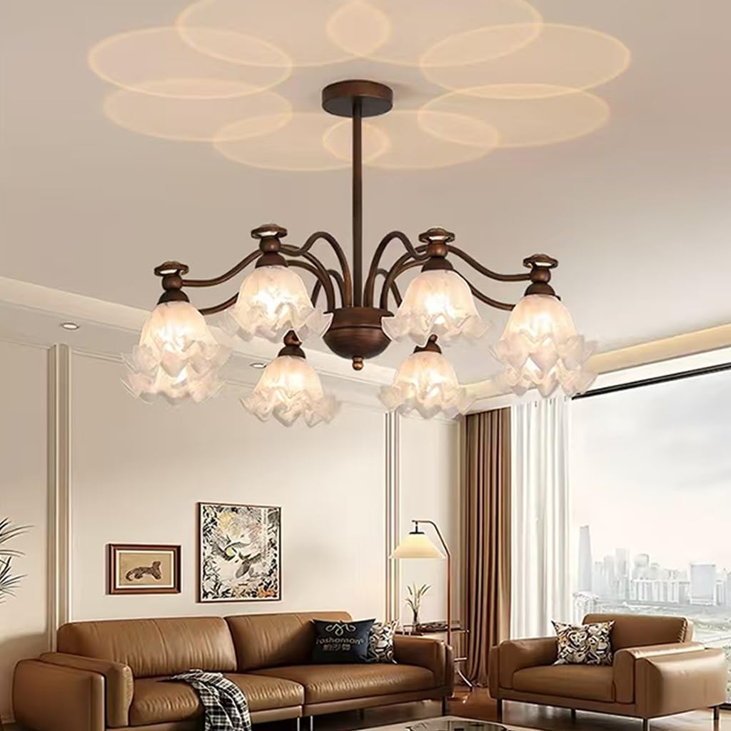 VTAMng Vintage glass chandelier 8 lights Bronze ceiling lamp flower shape lampshade antique metal Pendant Light suitable for farmhouse restaurant kitchen living room entrance hall bedroom Hanging Lamp