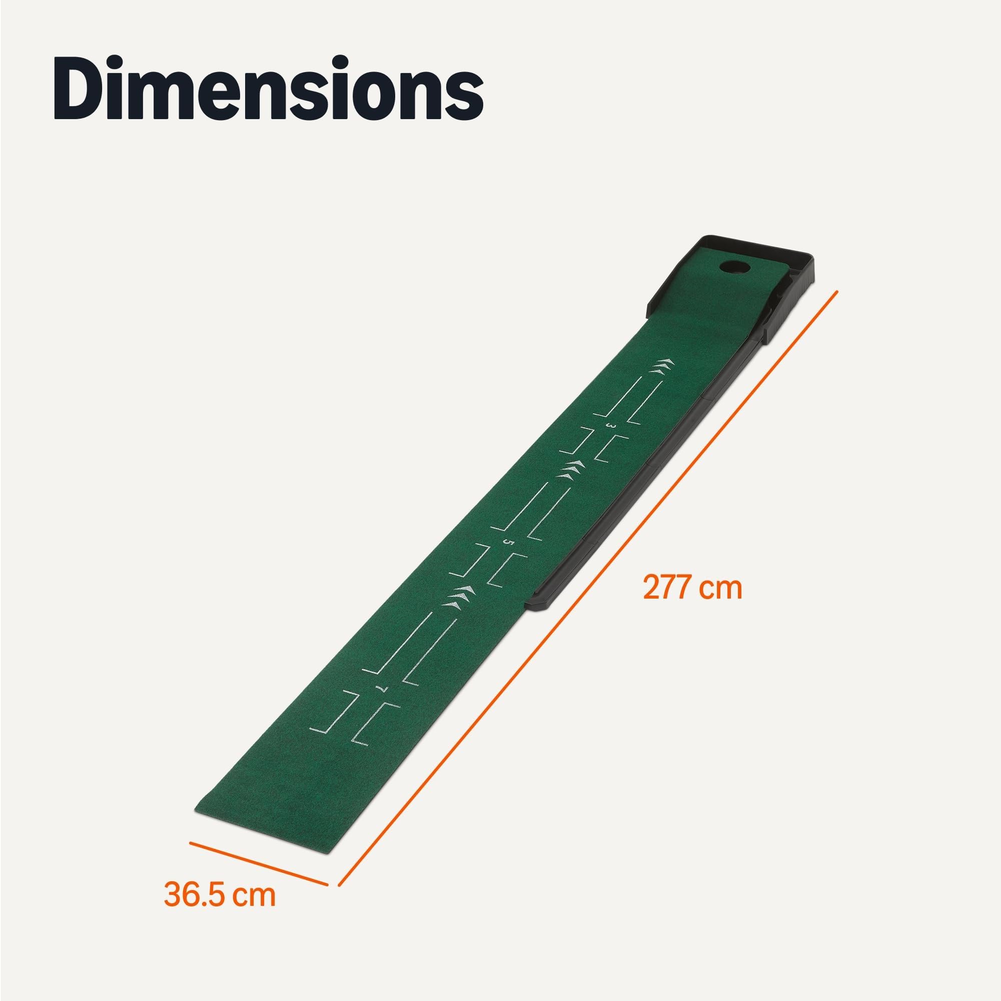 Amazon Basics Tapis de Golf avec Retour Automatique des Balles, Tapis d’Entraînement de Golf avec Guides d’Alignement, Green pour Entraînement Intérieur et Extérieur, 277,0cm x 36,5cm, Vert