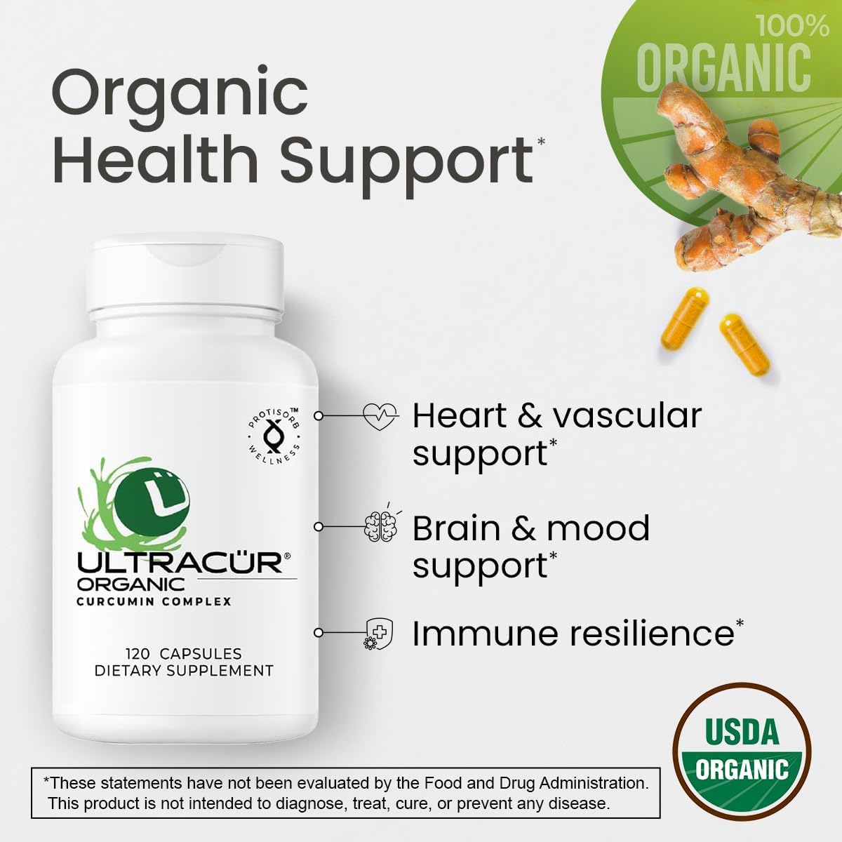 UltraCur Organic USDA Certified Turmeric Capsules - The Curcumin You Can Feel!™ - Turmeric Curcumin Supplement for Optimal Health and Joint Support (120 Count) - Organic Turmeric Supplement Capsules