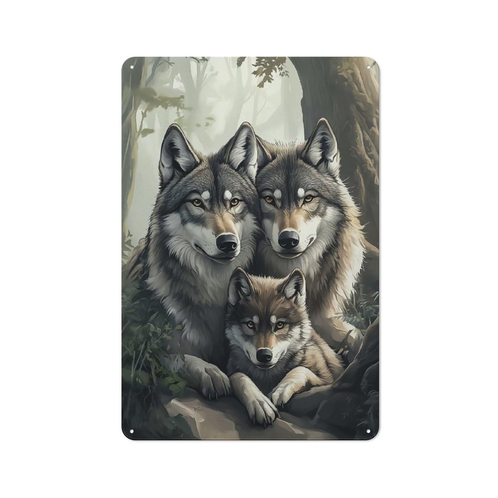 Junmoney Style-21 Vintage Tin Sign 30X20cm With Wolf Family In Forest For Garage Or Workshop, For Vintage Wall Decor Fans, For Garage And Workshop Walls