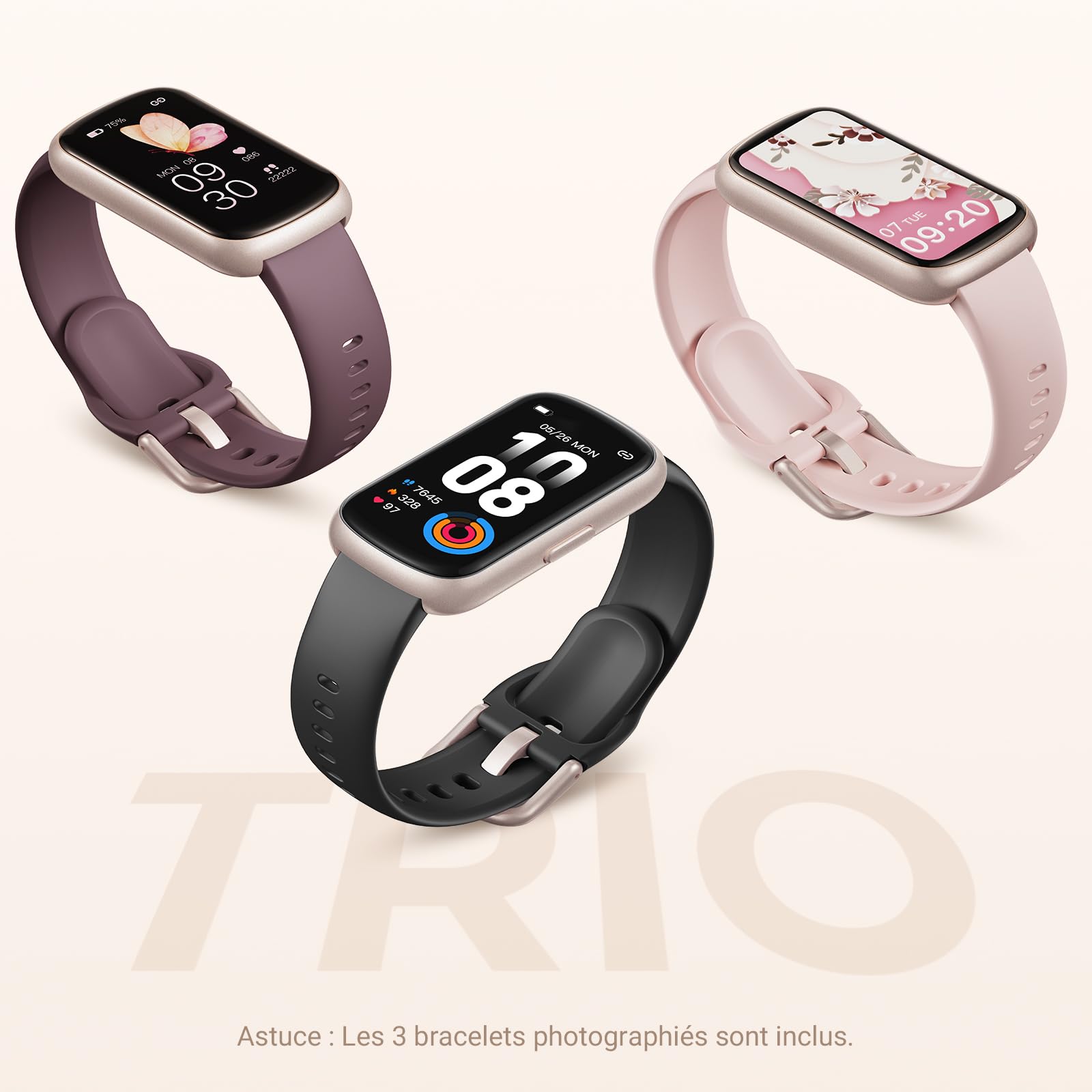 Montre Connectée Femme Homme Petit, 1,47'' Bracelet Connecté avec Fréquence Cardiaque, SpO2, Suivi Sommeil, Montre Podometre, Etanche 3ATM Smartwatch pour Android iOS, Or Rose Mat/Violet Fumé