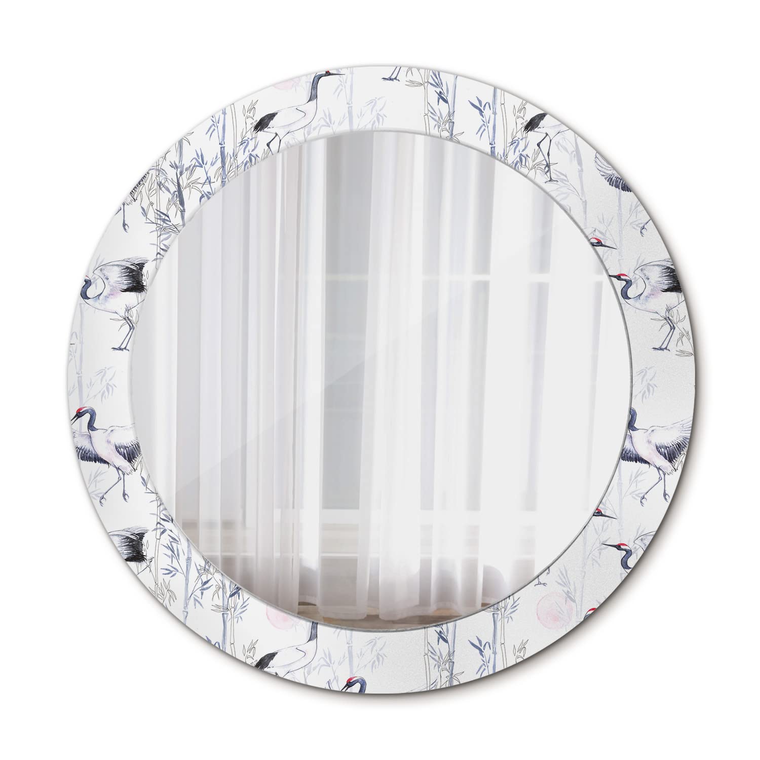Tulup Wall Mirror Ø27.56 in / 70 cm Circular Mirror with Print Unique Mirror Home Decoration Overprint Glass - Cranes Birds