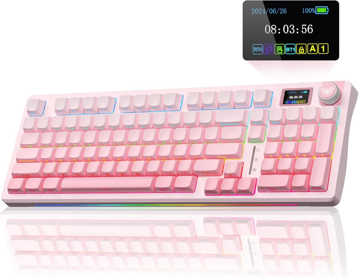 AULA S98 Pro Wireless Mechanical Keyboard with Screen & Knob,2.4GHz/USB-C/BT5.0 Hot Swappable Pink Creamy Keyboard,Pre-lubed Linear Switches,Side Printed PBT Keycaps,RGB Backlit Gaming Keyboards