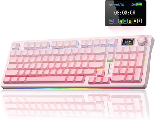 AULA Teclado mecánico inalámbrico S98 Pro con pantalla y perilla, 2.4 GHzUSB-CBT5.0 Teclado cremoso rosa intercambiable en caliente, interruptores