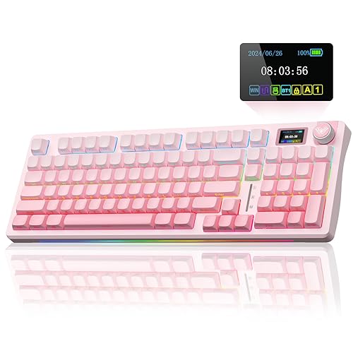 AULA S98 Pro Wireless Mechanical Keyboard with Screen & Knob,2.4GHz/USB-C/BT5.0 Hot Swappable Pink Creamy Keyboard,Pre-lubed Linear Switches,Side Printed PBT Keycaps,RGB Backlit Gaming Keyboards - Side Printed Pink