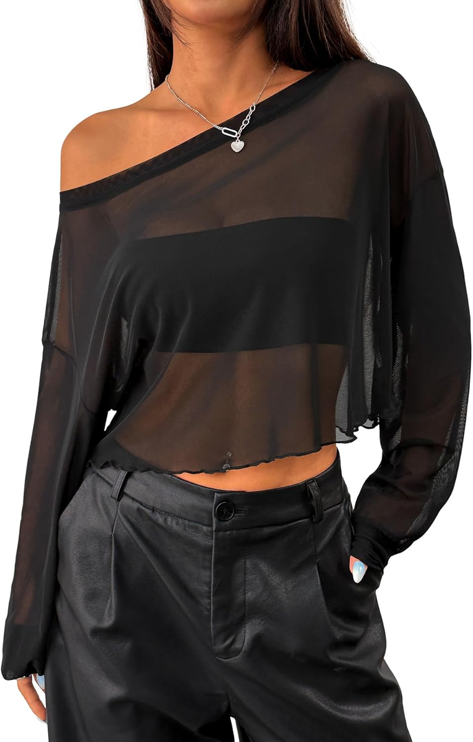 SOFIA'S CHOICE Women's Sexy Off Shoulder Long Sleeve Crop Tops Boat Neck Loose Asymmetrical Top