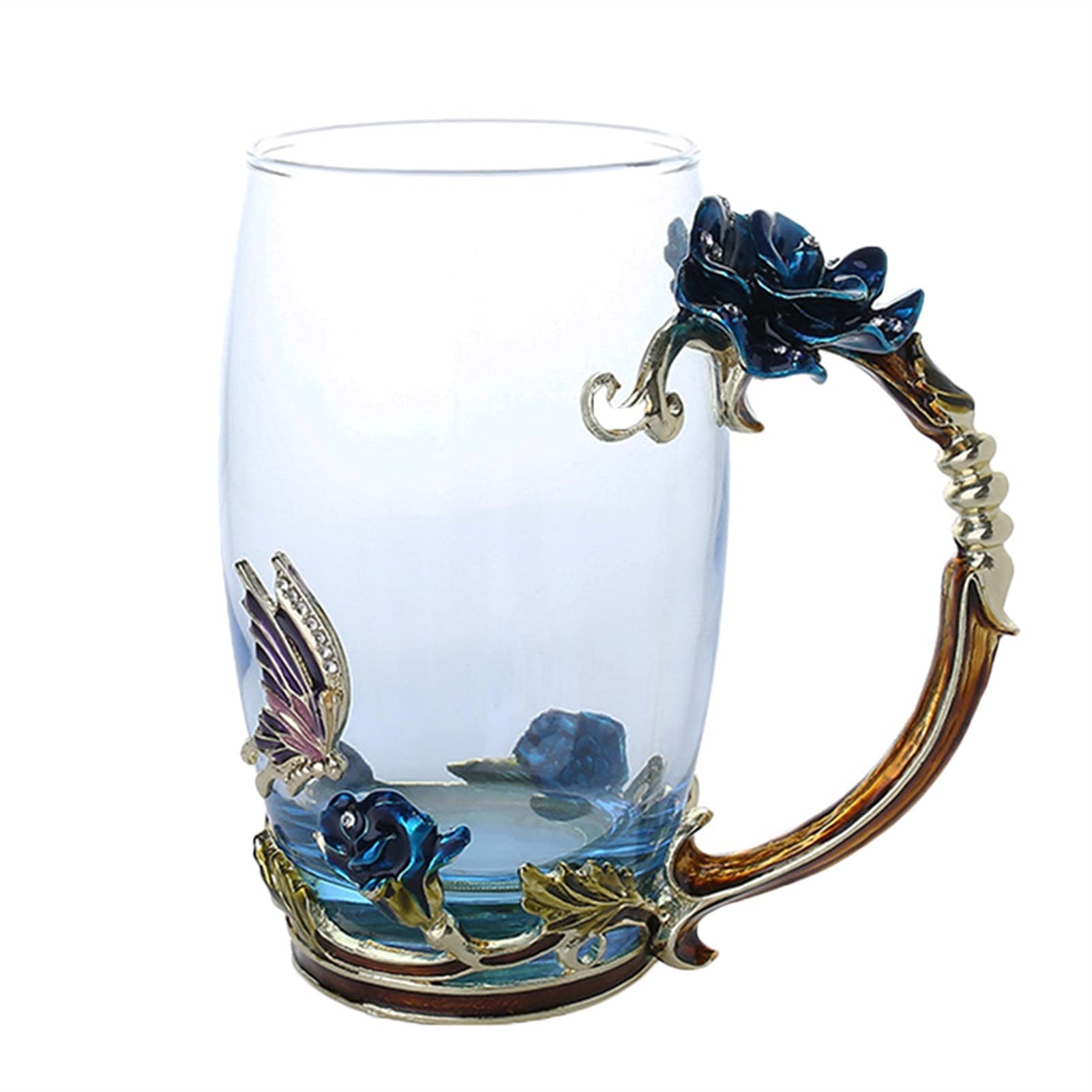 Kaffeetasse Emaille Kaffee Teetasse Becher 3D Rose Butterfly Glas Tassen Hochzeitsgeschenk (Color : Blue Long Without sp)