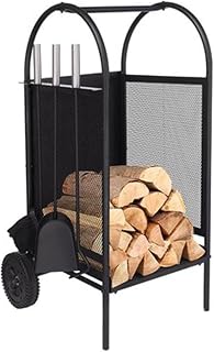 Firewood Stand Metal Firewood Log Trolley Cart Storage With Wheels Kindling And Companion Toolset Strong and Sturdy (Color : Black, Size : 35x35x80cm) (Black 35x35x80cm)