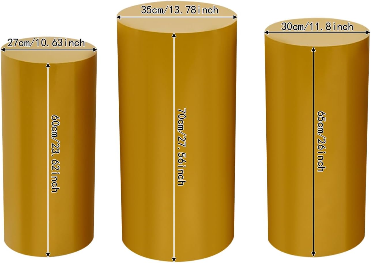 3Pcs Metal Cylinder Pedestal Stands, 10.6"/11.8"/13.8" Diameter x 23.6"/26"/27.6" Tall, Hollow Column Display Risers for Wedding, Party, Cake, Centerpiece Decor (Gold)