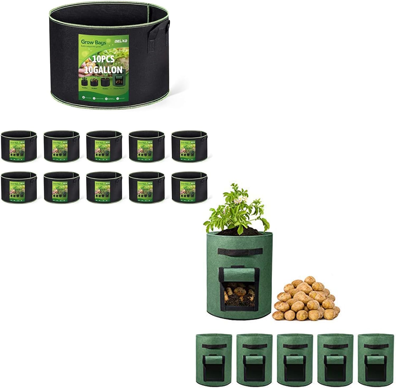 Delxo 10 Pack 10 Gallon Grow Bags & 5 Pack 10 Gallon Potato Grow Bags