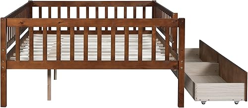 Miniatura 48 de Polibi Sofá cama de tamaño matrimonial, marcos de cama de día completo de madera con dos cajones y barandillas de seguridad para dormitorio, sala de