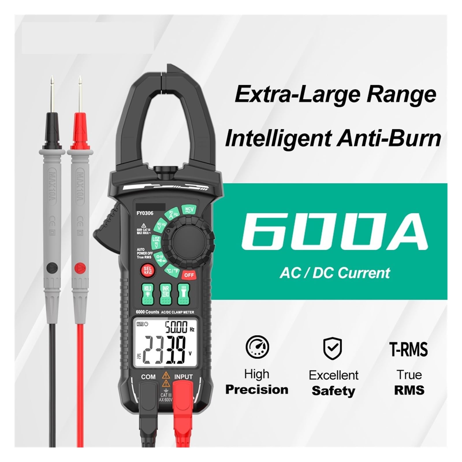 Digitales Zangenmessgerät, 600A Intelligentes Digitales Zangenmessgerät Mit Verbrennungsschutz, AC/DC-Messung, Multimeter For Elektrische Tests Und Kfz-Reparatur