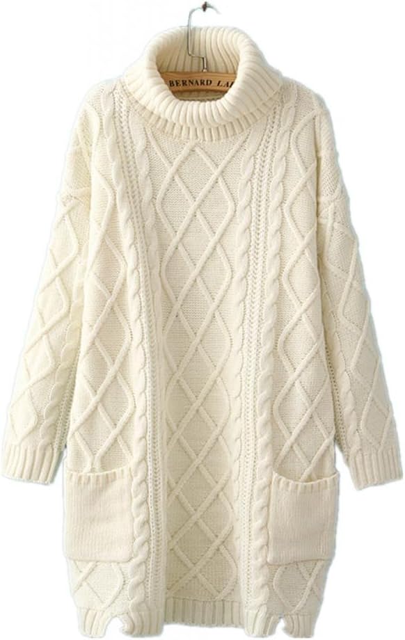 Omine Women's Turtleneck Cowl Cable Knitted Pocket Slit Long Sweater