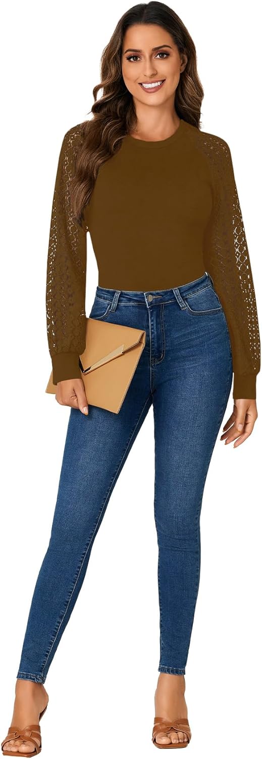 LYANER Women's Crew Neck Bodysuit Lace Hollow Out Long Sleeve Slim Fit Stretchy Leotards Tops - Image 6