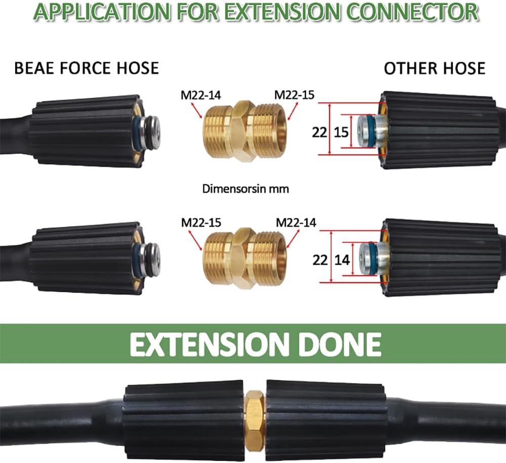 15FT-200FT Customizable Daily high-pressure cleaning hose M22-14mm to M22-15mm extension connector kit Super Flexible Pressure Washer Hose 0.5M-30M (M22 I14 I15,50FT)