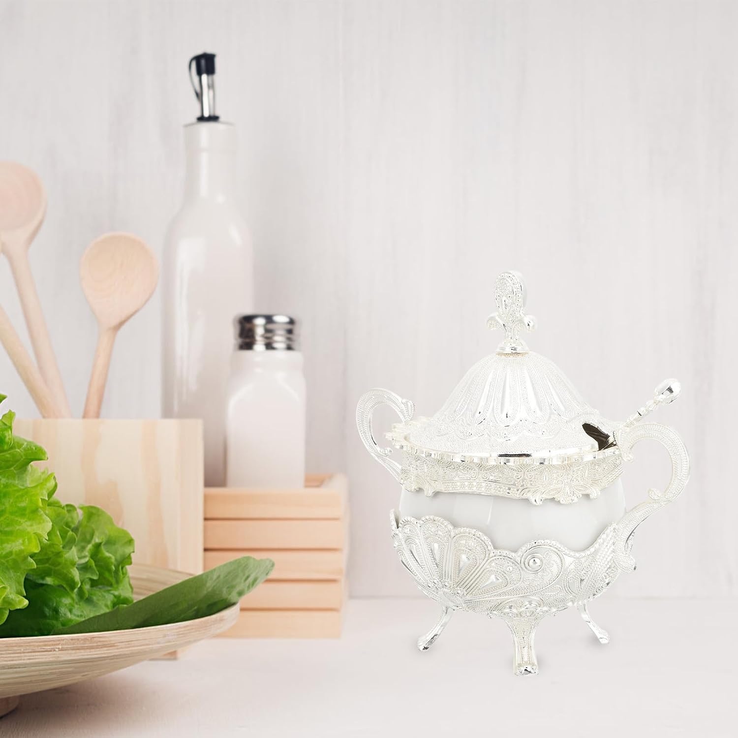Peacock Pattern Condiment Pot with Lid, Ceramic Zinc Alloy Seasoning Jar