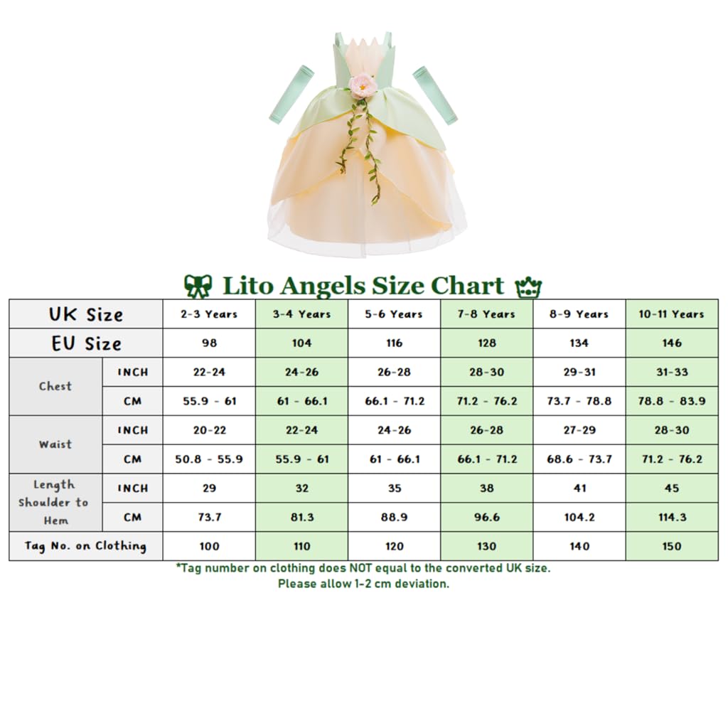 Lito Angels Vestido de Princesa Rana para Niñas, 2-11 Años | Corpiño floral, Mangas desmontables, Falda en capas, Flor y adorno verde, Carnaval y Halloween, Fiesta de cumpleaños