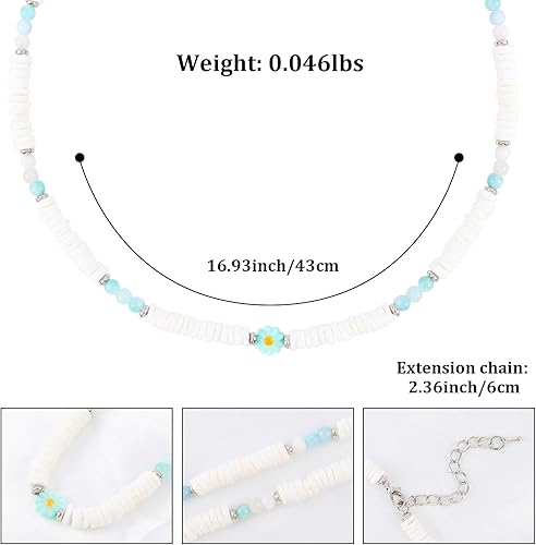 Miniatura 2 de Bohemian Beaded Necklace for Women Daisy Flower Beaded Choker Natural Stone Choker Necklace Delicate Small Flower Pendant Natural Crushed Stone