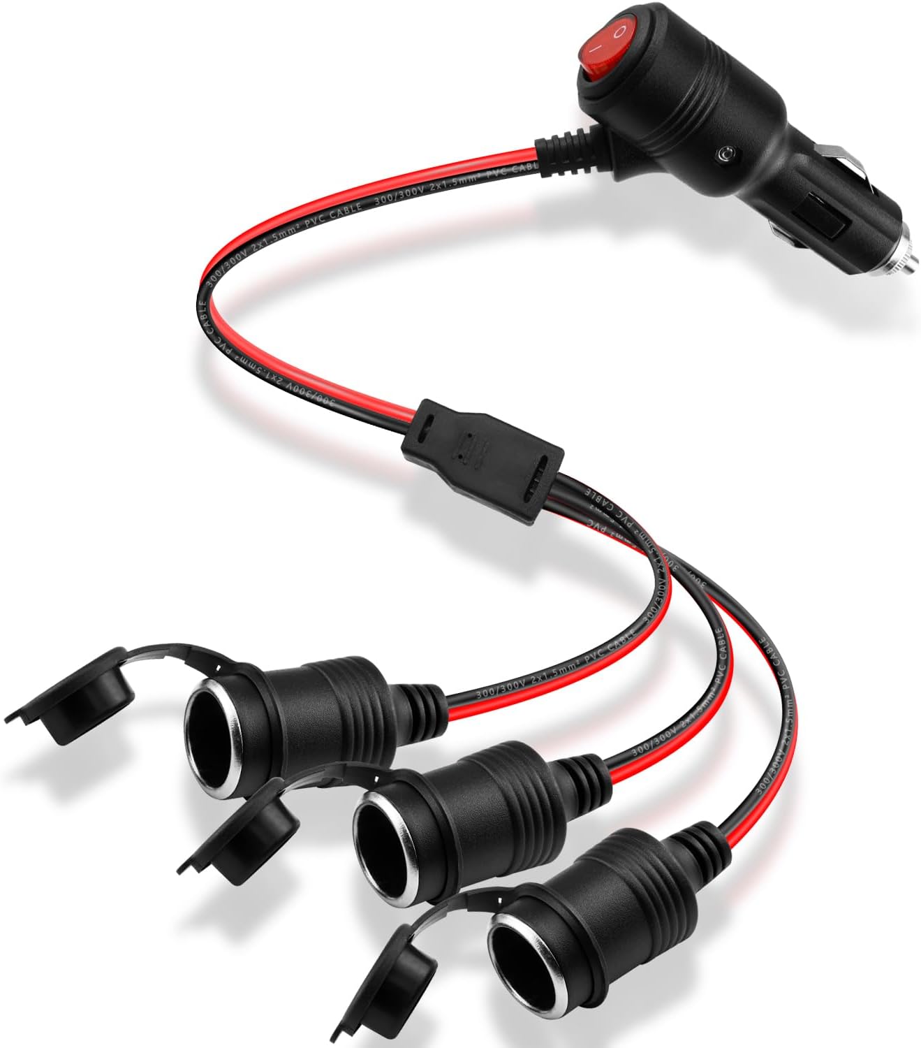 12V 24V Cigarette Lighter Splitter,1 to 3 Car Cigarette Lighter Cable,3-Way Socket with ON/Off Switch, 16AWG 15A Triple Power Extension Cable for Car, RV, Boat Device Etc -30cm/1FT