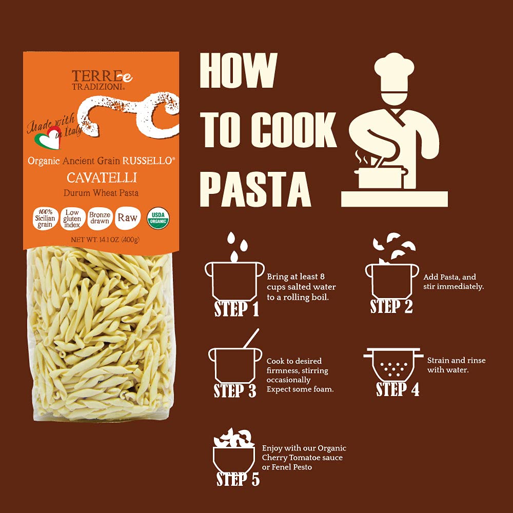 3 PACKS ORGANIC ITALIAN DURUM WHEAT CAVATELLI PASTA – Sicilian Ancient Grain Russello Vegan Crafted in Italy. LOW-GLUTEN INDEX. Has 6X More Fiber and Protein than Popular Grains