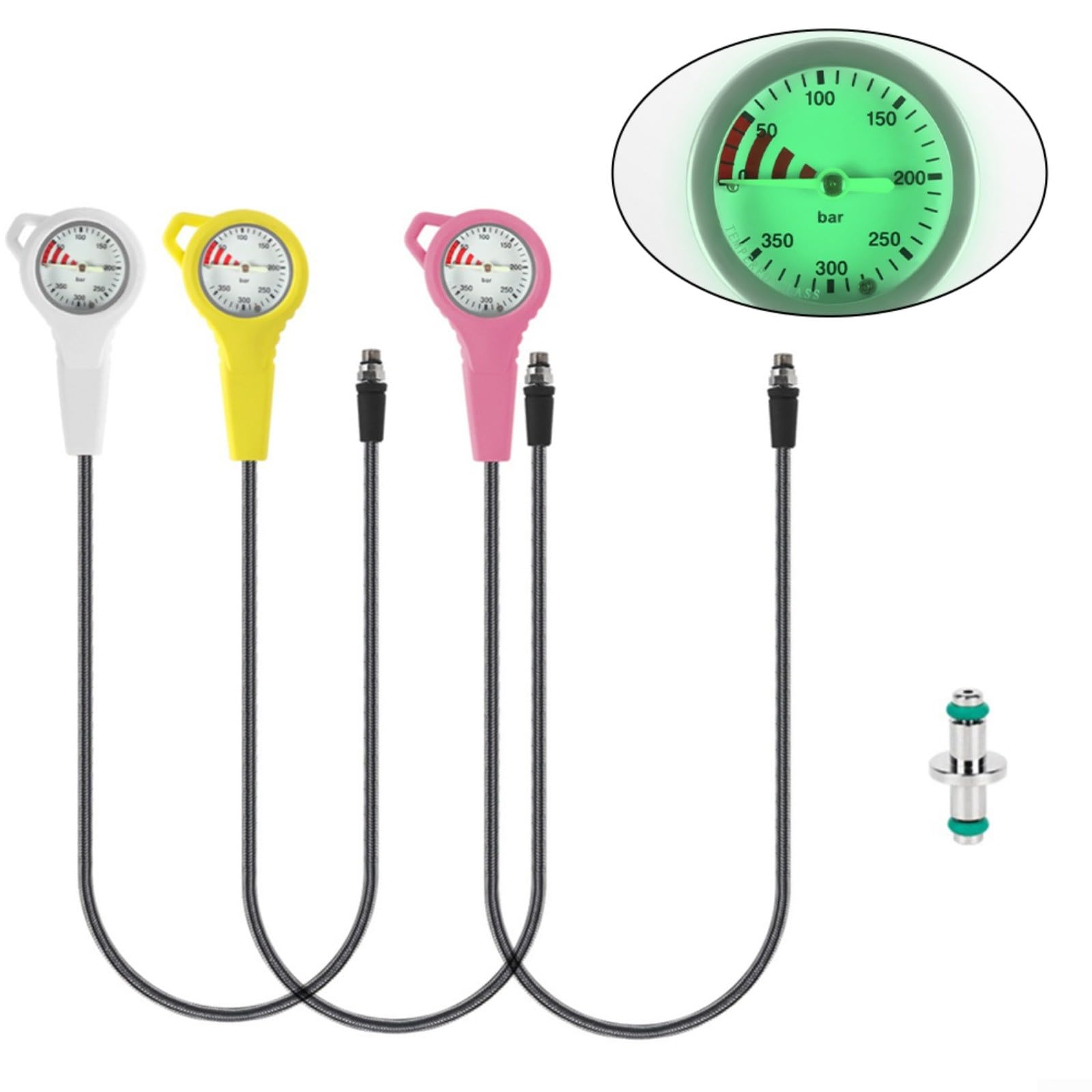 Manometro per immersioni subacquee, in fibra di carbonio, 300 bar, 7/16-20UNF, quadrante luminoso 65 cm, girevole a 360°, per cilindri di immersione, tubo SPG di ricambio (rosa)
