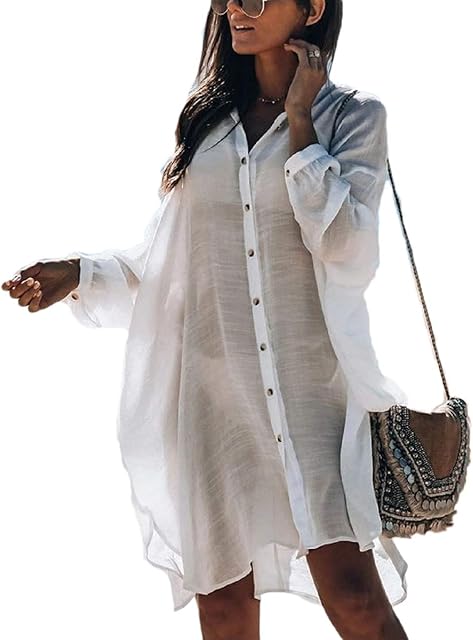 Bsubseach Women Embroidered Half/Long Sleeve Swimsuit Cover Up Mini Beach Dress