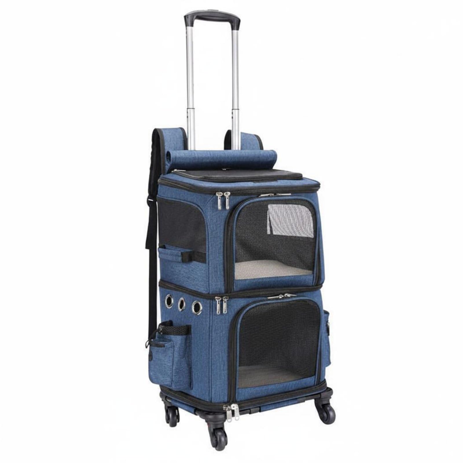 Travel Carrier Doppelstock Haustier Trolley Tasche Tiertransport Tasche Haustierkoffer mit Rollendem Fahrwerk Und Tragbarem Griff aus Oxford mit, Blau, Dunkelblau, Groß 35 28 63 Cm