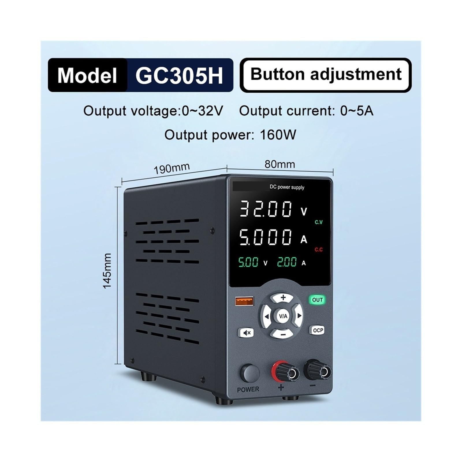 Fuente de alimentación de CC, Fuente De Alimentación 30V 10A CC Ajustable 5A 60V 120V 3A Con Salida USB Banco Visualización Fuentes Laboratorio(GC305H 32V 5A)