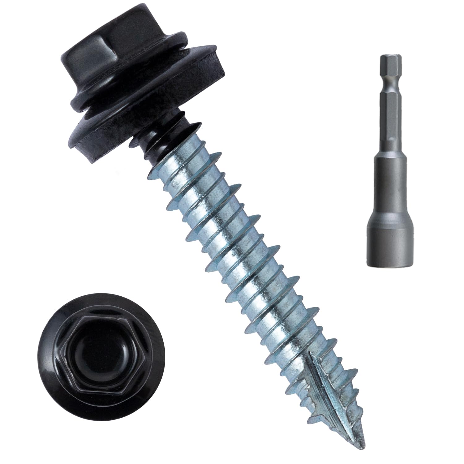 LIONMAX Metal Roofing Screws #14 × 1-1/2 Inch, 300-PCS, Black Painted Hex Head Sheet Metal Roof Screws, Rubber Washer, Sharp Point, Metal to Wood Siding Screws, Hex Socket Included
