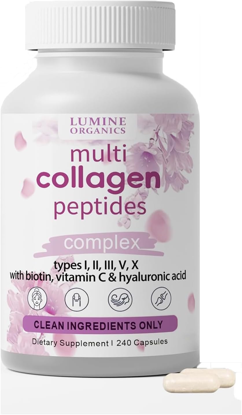 Lumine Organics Collagen, Hydrolyzed Collagen Peptides Capsules,Type I,II,III,V,X with Biotin,Hyaluronic Acid Powder,Vitamin C 240 Capsules