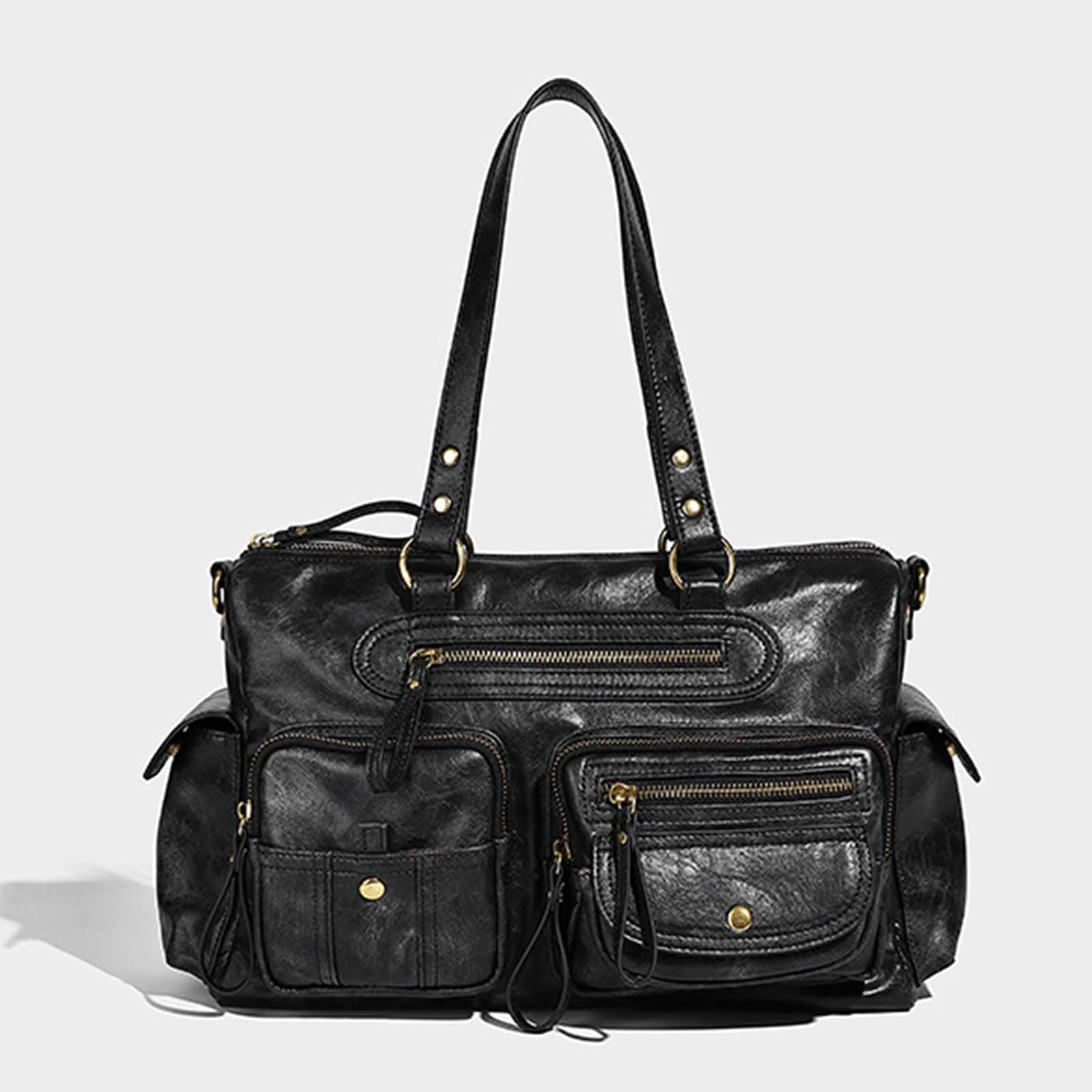 Borsa a tracolla da donna in PU stile anni '90 con tasche multiple borsa retrò con cerniera a tracolla per viaggi, nero+marrone