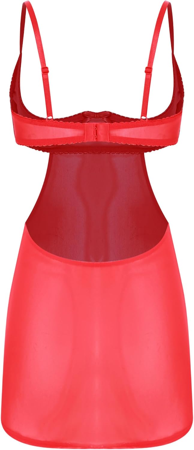 TiaoBug Womens See Through Mesh Nightdress 1/4 Cup Underwire Bra Nightwear Sexy Mini Dress Chemises