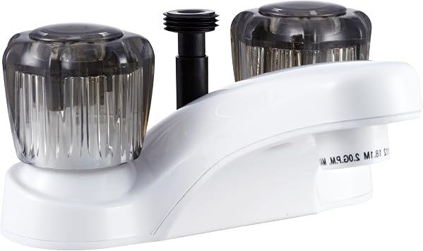 Dura Faucet DF-PL720S-WT RV Bathroom Sink Faucet Shower Diverter White | Smoked acrylic knobs; diverter switches water between spout and handheld shower head.