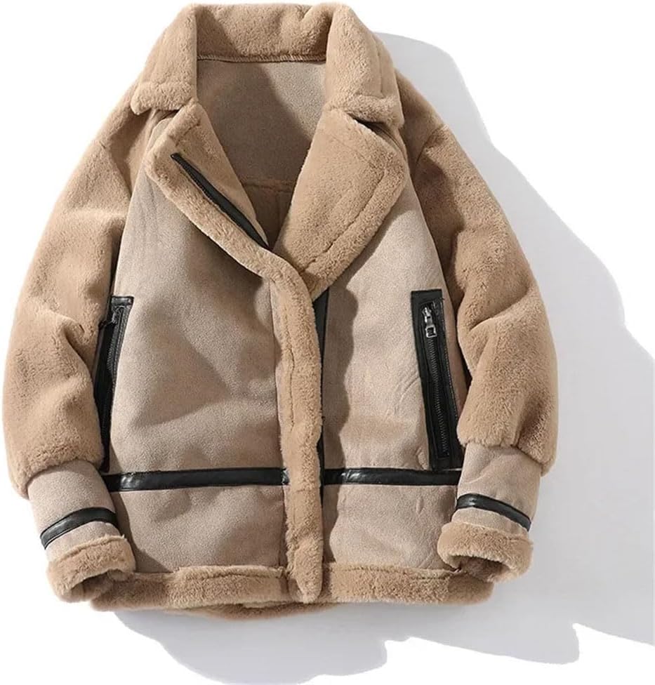 Men Japan Style Suede Leather Jacket Warm Outwear Faux Lamb Wool Fur Coat