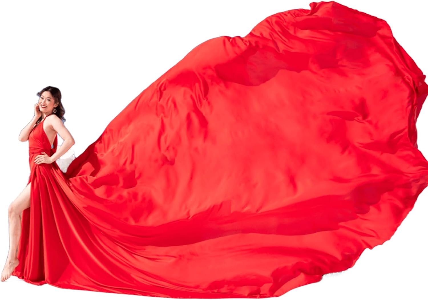 Red Long Tail Flying Dress for Women's Wedding, Maternity Photoshoot Santorini Long Flying Dress for Photoshoot | Long Tail Satin Maxi